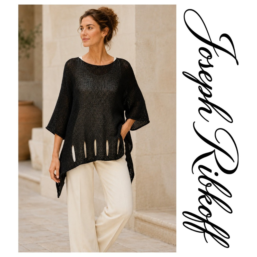 Joseph Ribkoff Black Open Knit Oversized Boxy Tunic Sweater Top Lagenlook S/M